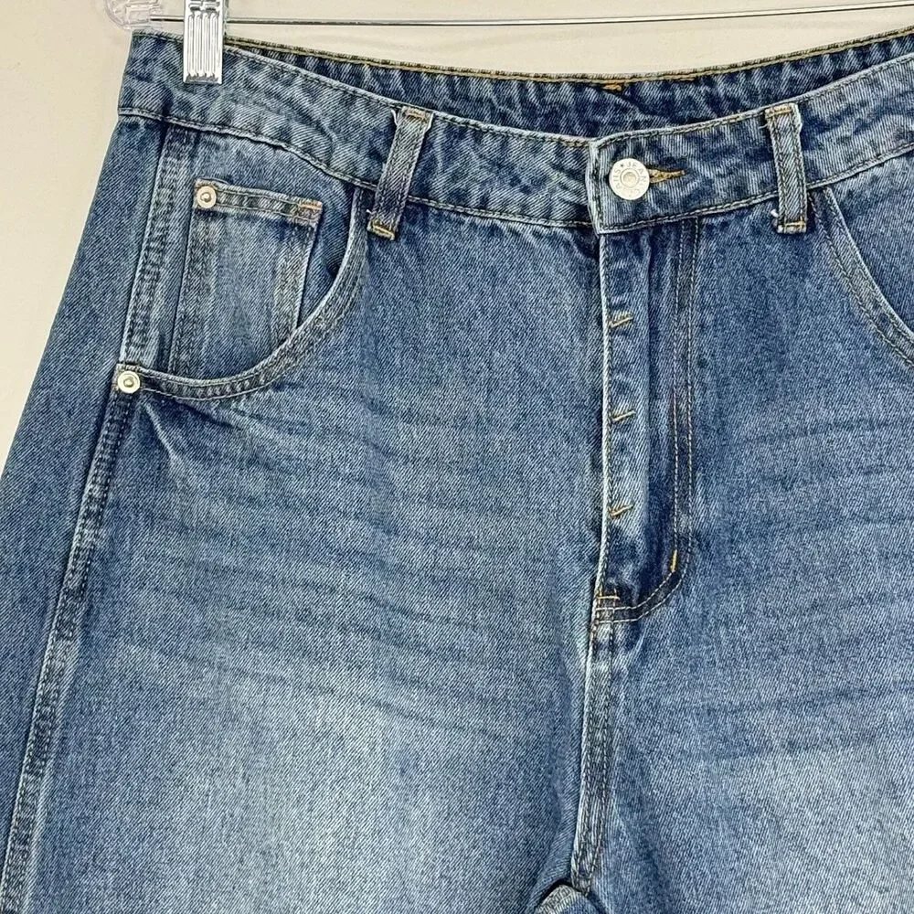 Women’s Blue Denim Barrel Leg Jeans Size 12 High Rise Wide Leg Trendy - Picture 9 of 16
